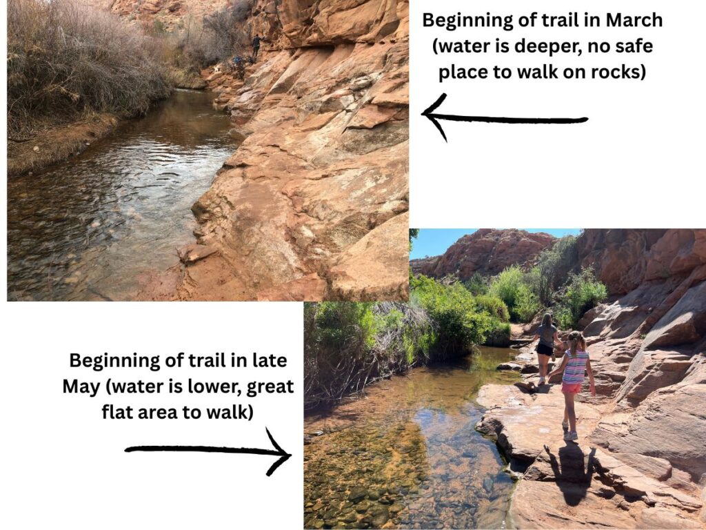 two pictures comparing water levels in Mill Creek. Top is captioned "beginning of trail in March (water is deep and no place to walk on rock). Bottom picture is captioned "beginning of trail in later May. Water is lower, great flat area to walk!)"