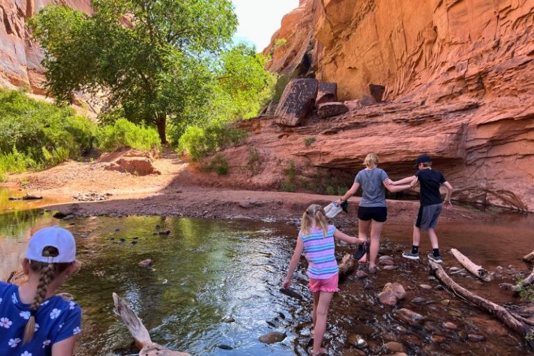 kids at a shallow river crossing. Girl in front hold the boy steady as he tries to walk on a log. Two girls behind them walk barefoot in the water. Red mountainside ahead to the right, green tree in front