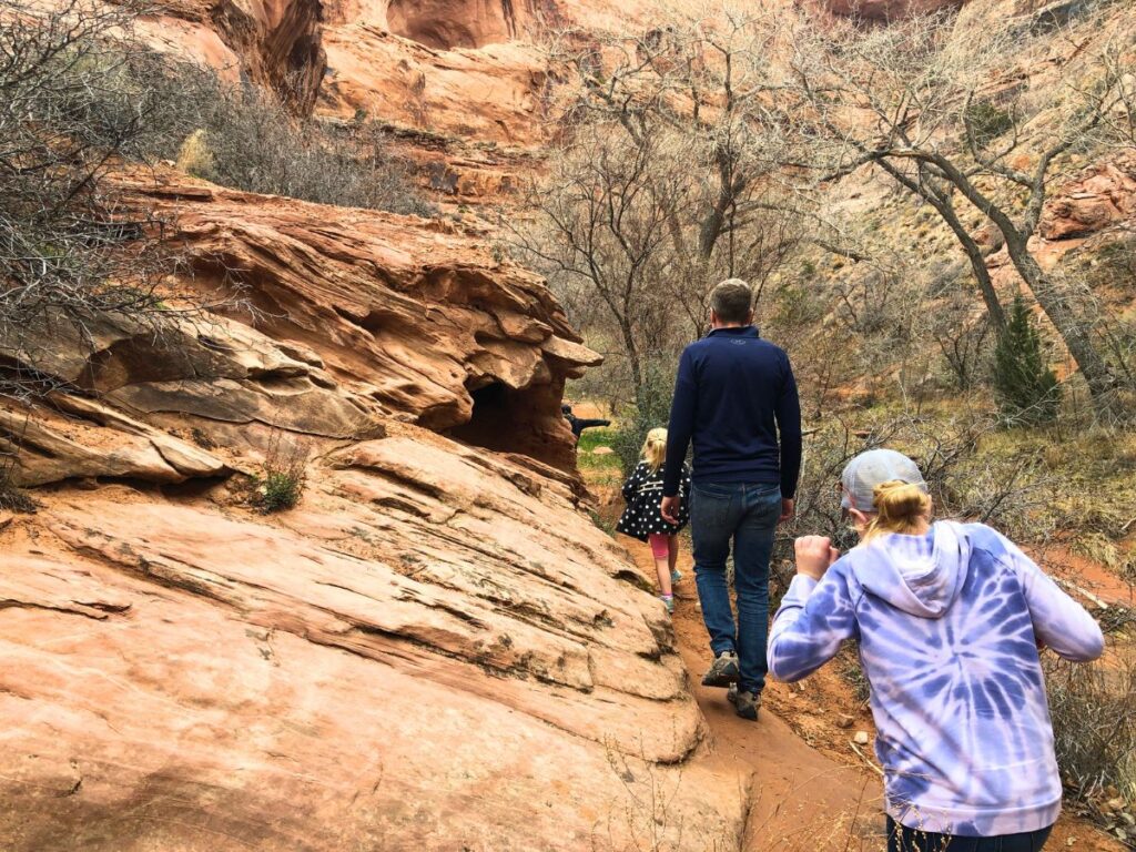 3 people hiking on dark dirt/sand trail. Rock is to the left and dead trees to the right
