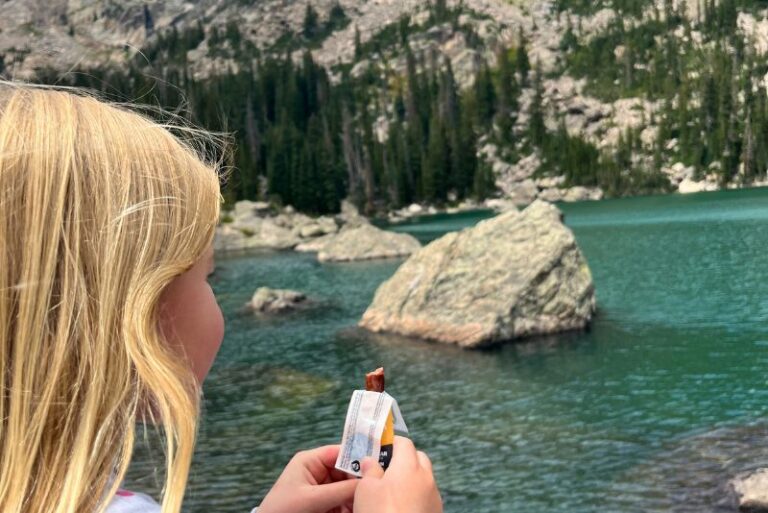 close up of a little girl 's head from the back, she is holding a small beef stick while looking out to a blue lake with a large boulder in it