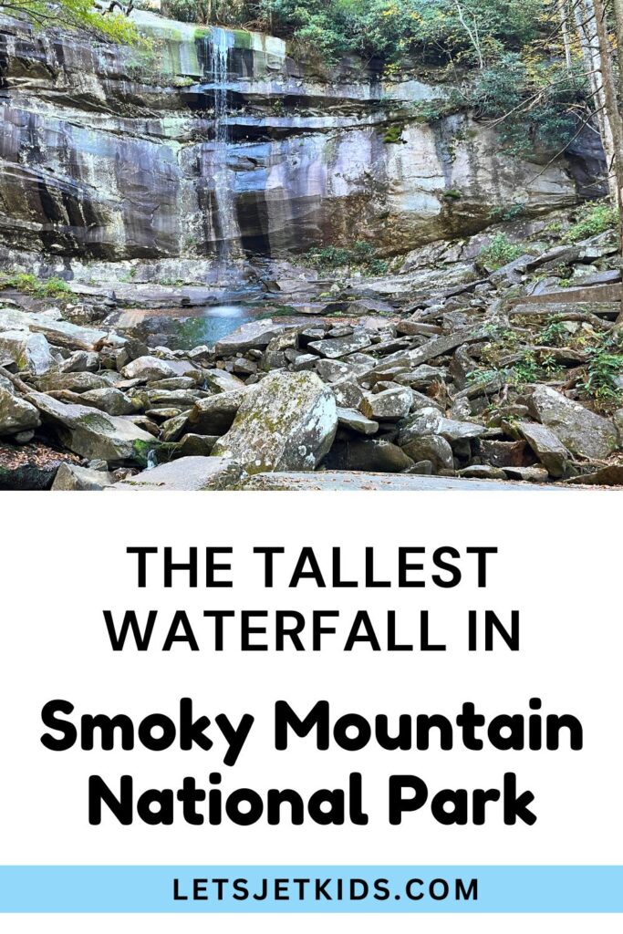 pinnable image with text "The tallest waterfall in Smoky Mountain National Park"
Rainbow Falls in Great Smoky Mountains National Park. A smooth cliff wall with burned sections and a light waterfall coming down. Many large rocks in front