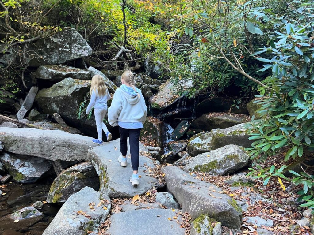 two little girls walking across long smooth rocks made into a foot bridge 