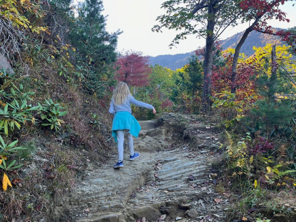 a girl with a blue sweatshirt tied around her waist, hiking up a rocky area of a trail. Trees around are red, yellow, and green