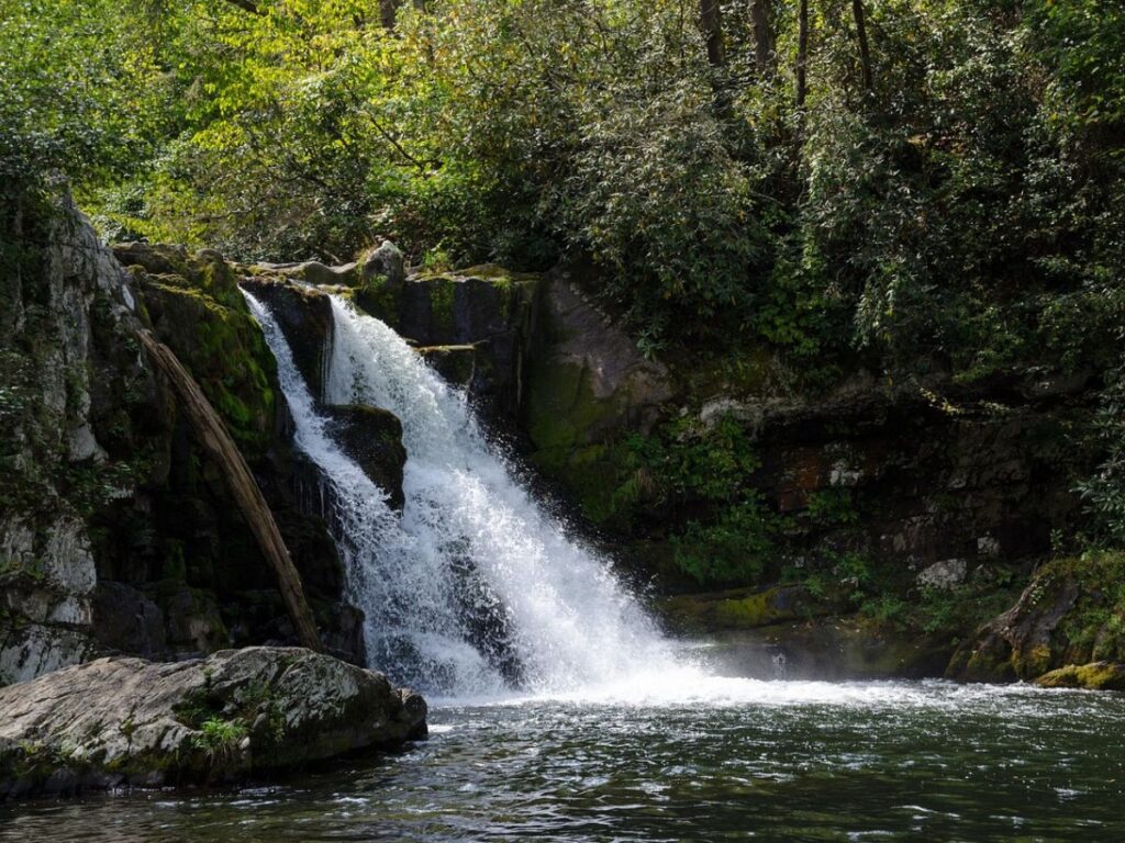 a tall, full waterfall rushing down a rock cliff with lots of green foliage all around at Great Smoky Mountains National Park
