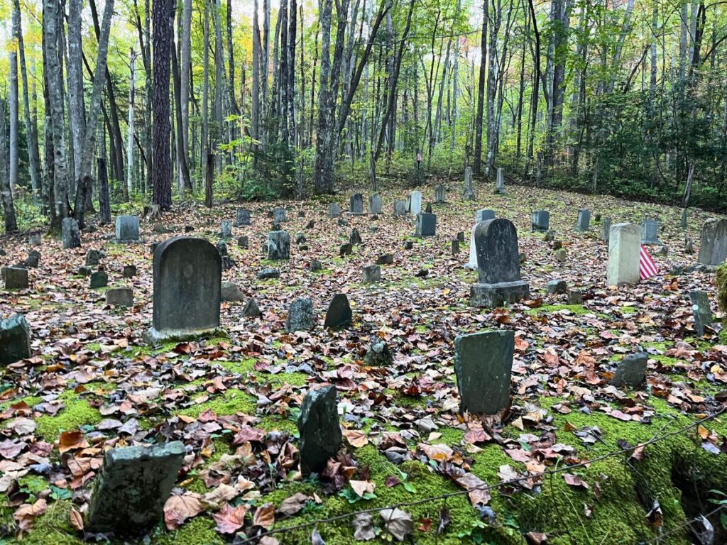 the Baskins Creek cemetery on the trail. Many small headstones on the leafy ground