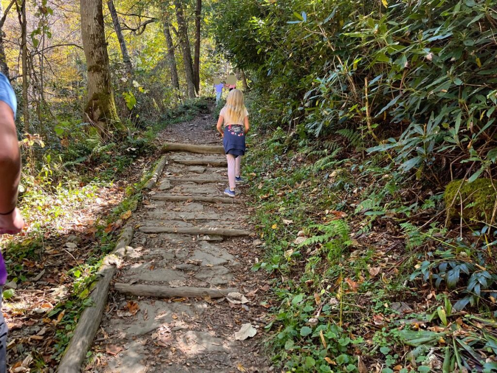 a young girl walking up a dirt trail with foliage to the sides on the Chimney Tops trail in Great Smoky Mountains