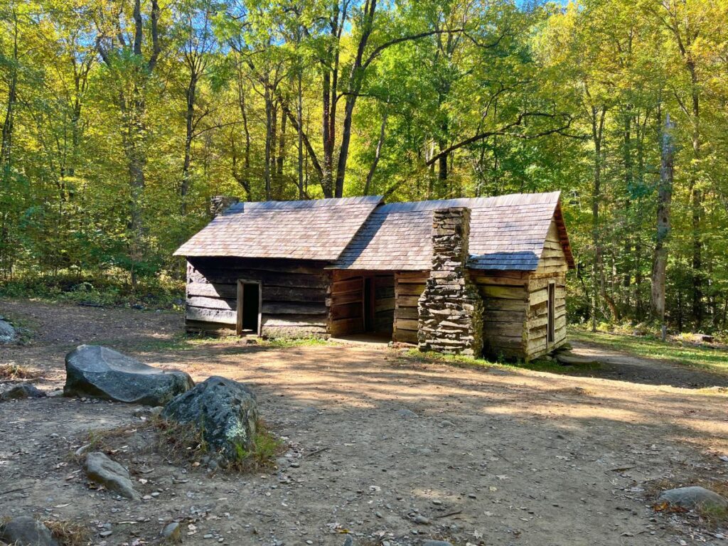 an old historic cabin with two rooms in the woods on the roaring fork motor nature trail in Great Smoky Mountains National Park