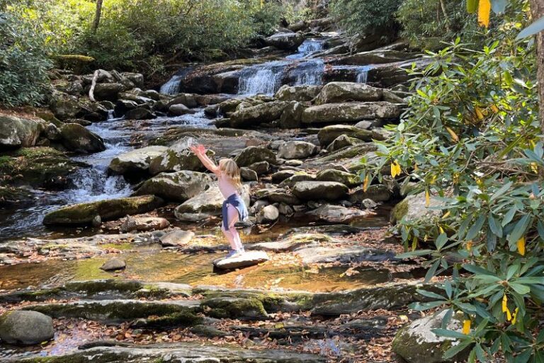 a little girl standing on a large rock throwing up a handful of water at the Chimney Flats waterfall in great Smoky Mountains national park