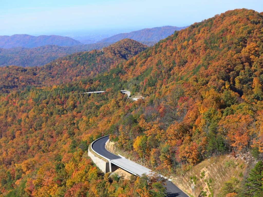 the Great Smoky Mountains Foothills scenic drive bursts with oranges, yellows, and some green during fall in the Great Smoky Mountains National Park.  A small road makes its way around the mountain
