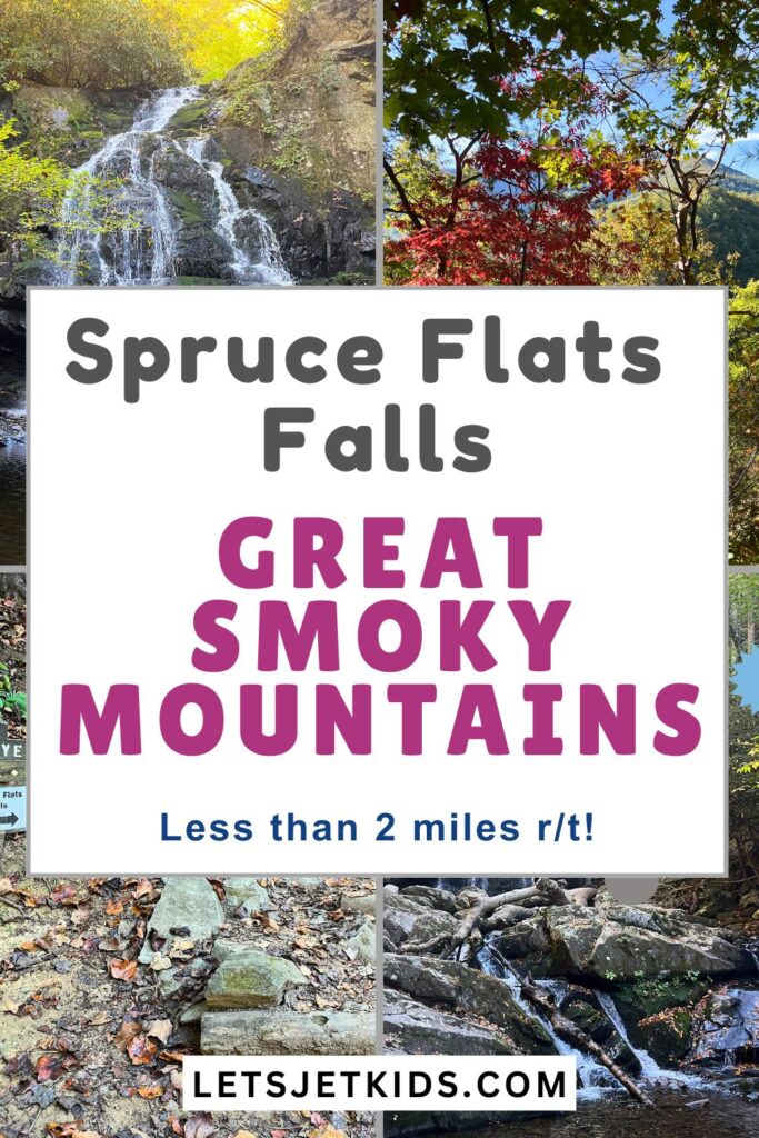 pinnable image collage with text "Spruce Flats Falls Great Smoky Mountains - less than 2 miles r/t" images of (top left and clockwise): waterfall with yellow leaves around, colorful red trees, rocky path area, bottom of waterfall with a stream overflow