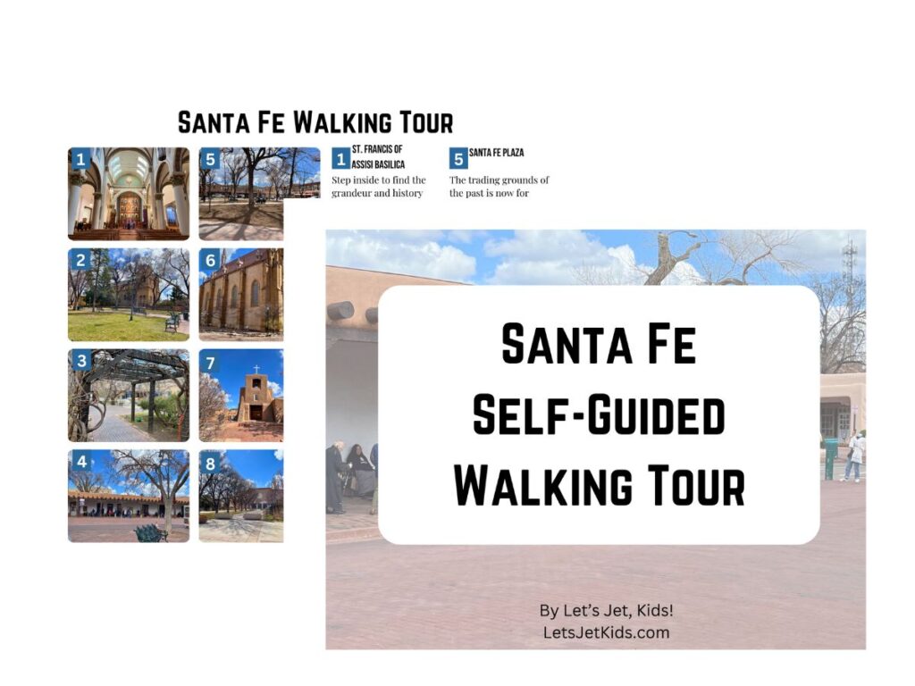small images of what's included in the Santa Fe Self-guided walking tour. Back image has lots of small thumbnails of images around old town Santa Fe. Front image is the cover image for the walking tour product