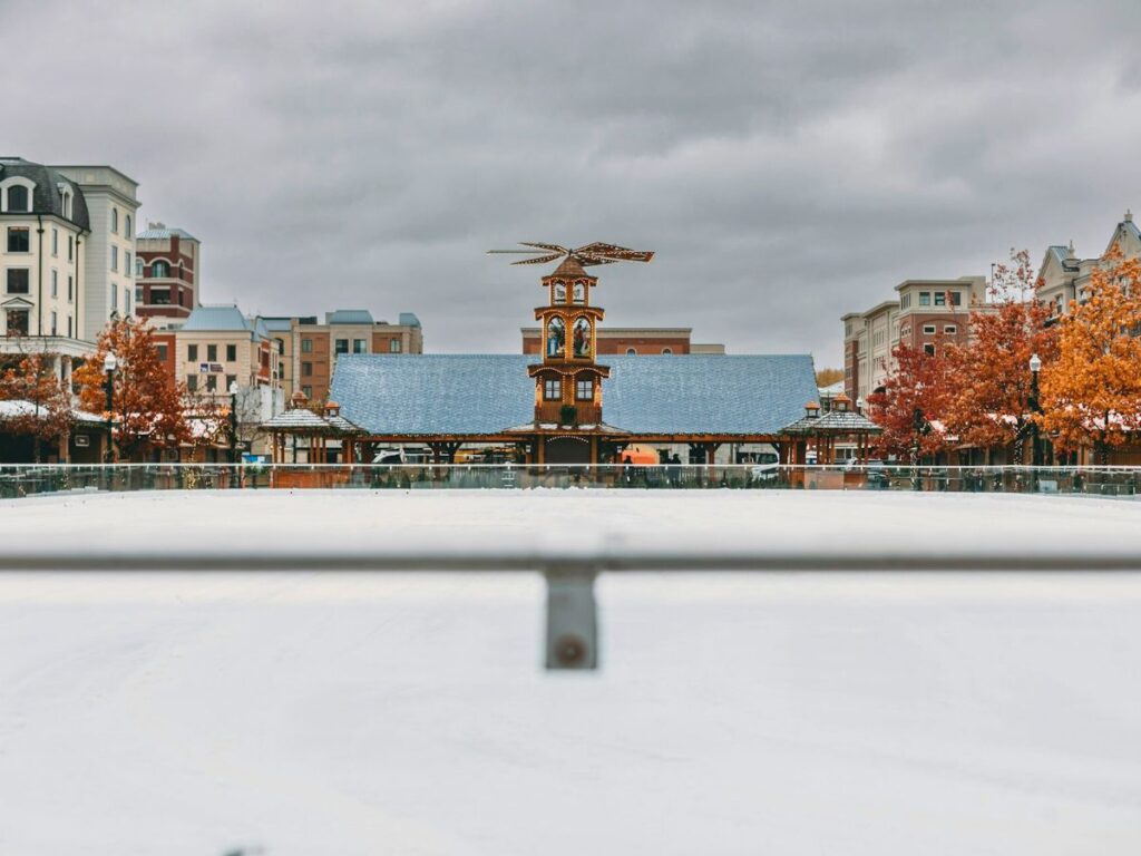 overlooking an ice rink to the wooden pyramid with a flat windmill/fan blades on top.  Carmel Indiana hosts the best Christmas market in the US
