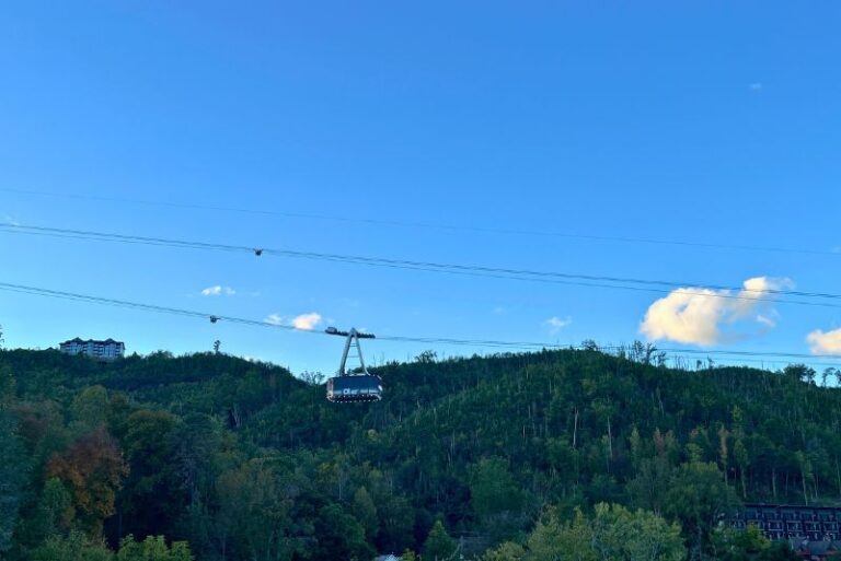 feature image for where to stay in great smoky mountains national park. A tram goes above the trees in front of a mountain in Gatlinburg